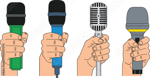 Microphone Vector Illustration Set with Hands Holding Wireless Professional and Retro Studio Mics Isolated on White Background