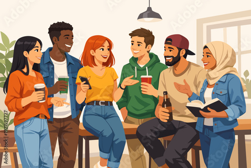 Diverse group of friends chatting and drinking coffee together indoors, multicultural social gathering illustration