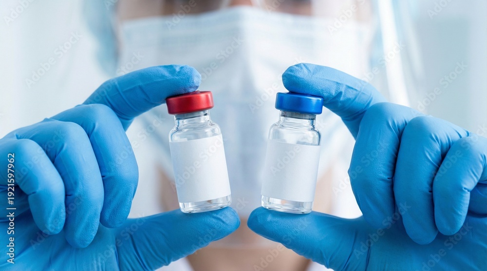Obraz premium Medical professional in blue gloves holding two vials with red and blue caps, symbolizing scientific research and development of new treatments.