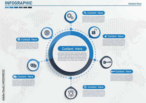 Circular business infographic template with 6 steps and world map background.