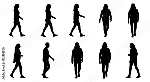 Black Silhouette People Walking Poses Vector Set