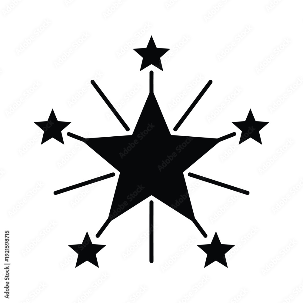 Obraz premium Black starburst illustration with radiating lines and smaller stars