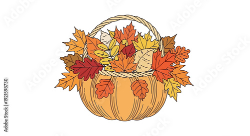 A charming pumpkin-shaped basket overflowing with vibrant autumn leaves in various shades of red, orange, and yellow, set against a clean white background.