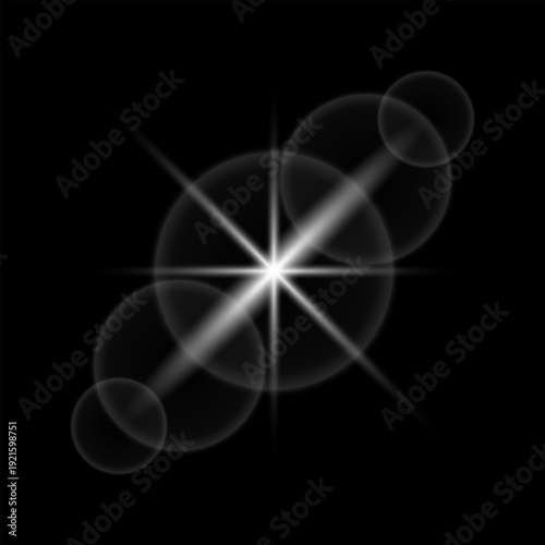 Cinematic Lens Flare with Bokeh Circles and Star Burst Light on Black Background