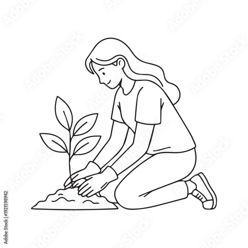 Young woman planting small tree sapling in soil line art gardening illustration
