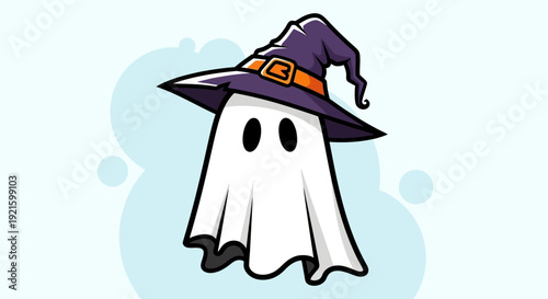 A cute cartoon ghost wearing a purple witch hat with an orange band and gold buckle, on a light blue background.