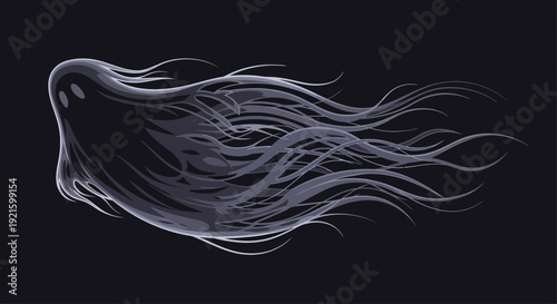 A translucent, ethereal ghost with a long, flowing, wispy tail against a dark, mysterious background, evoking a sense of mystery and the supernatural.
