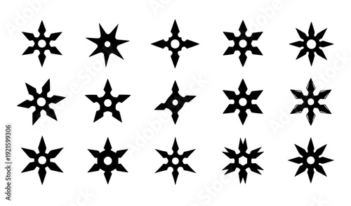 Ninja shuriken throwing star black silhouette weapon icon set isolated on transparent background