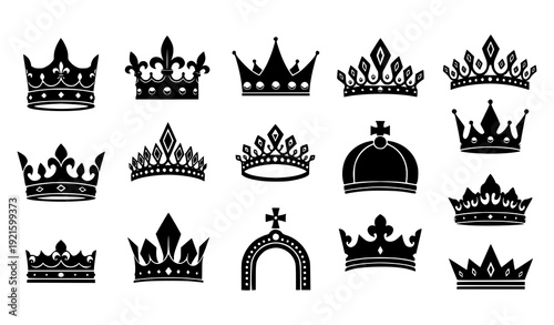 Royal king and princess crown black silhouette vector icon set isolated on transparent background