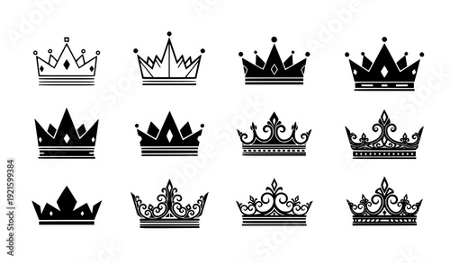 Champion ranking crown black flat vector icon collection isolated on transparent background