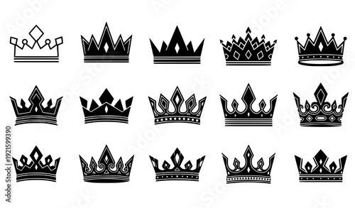 Minimal and decorative crown symbol black vector icon set isolated on transparent background