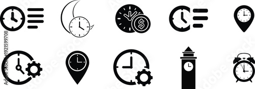 Black and white time and navigation icons collection including clocks watches and location symbols for design and organization