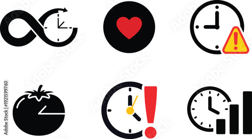 Collection of time warning and symbol icons featuring clocks heart and tomato