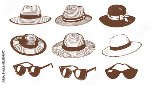 Vintage Summer Hat Sunglasses Vector Set Retro Engraving Print Collection For Vacation Travel