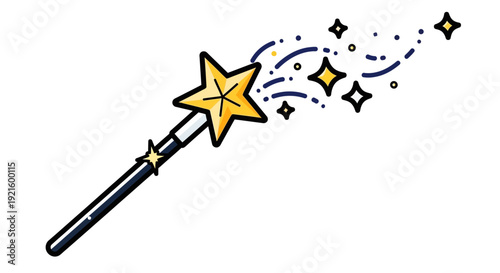 A cartoon illustration of a black magic wand with a golden star tip, emitting sparkling gold dust and blue magical trails.