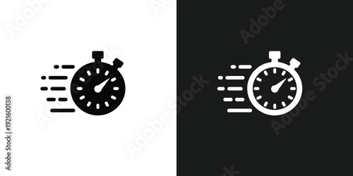 Stopwatch icons in motion, symbolizing time management, on contrasting black and white backgrounds, depicted in a dynamic, modern illustration style from a straightforward viewpoint