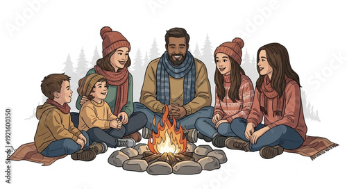 Family Gathering Around Campfire Together.