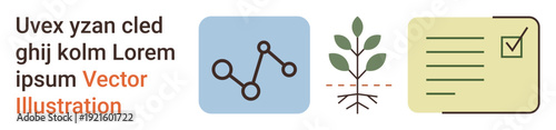 Data analysis, environmental growth, sustainable goals, checklist completion, project planning, workflow management. Three icons showing a graph, plant growth and a checklist. Environmental growth