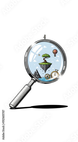 Vibrant magnified scene of floating island with tree and clockwork