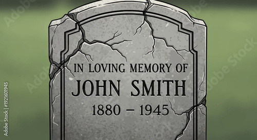 An old, cracked grey tombstone with 'In Loving Memory of John Smith 1880 - 1945' inscribed, set against a simple green background.