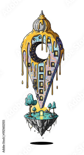 Surreal melting house on floating island with golden drips