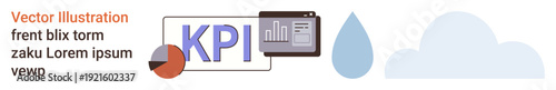 Business analytics, data management, performance tracking, finance, cloud computing, digital tools. Key Performance Indicator KPI text with pie chart, monitor and cloud symbol. Business analytics