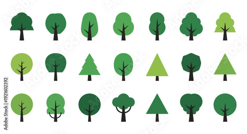 A Collection of Stylized Green Trees Illustrations with Various Geometric Shapes and Designs