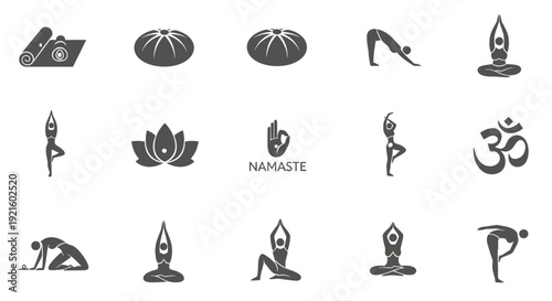 A Collection of Yoga Poses and Symbols, Illustrating Mindfulness and Meditation