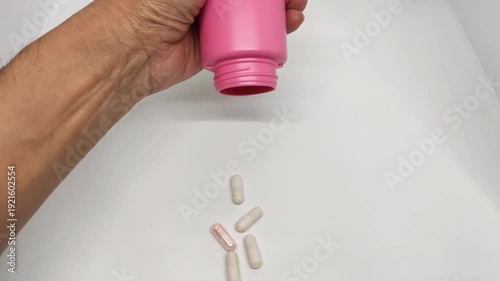 Hd 1080 slow moition video footage . Close-up of pink and white capsules being poured from pink bottle into on white