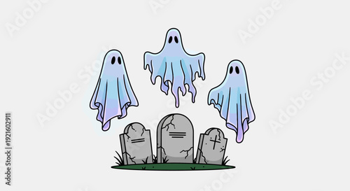 Three cartoon ghosts float above a trio of cracked gravestones in a spooky Halloween illustration.