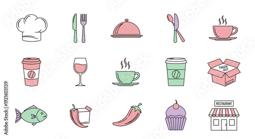A collection of colorful illustrated restaurant and food service icons and elements