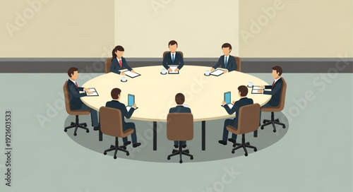 Business meeting around a large oval table with diverse professionals discussing ideas.