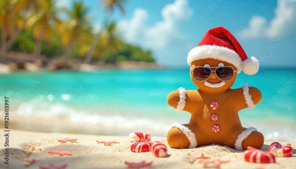 Naklejka premium Gingerbread man wearing Santa hat and sunglasses sits on beach sand. Tropical ocean waves and palm trees in background. Festive Christmas holiday theme.