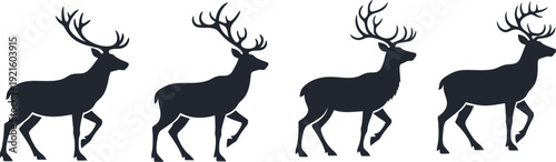 Collection of four distinct dark silhouette vector illustrations depicting majestic stags with large impressive antlers walking steadily across a plain white background surface