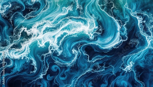Abstract swirling pattern in deep blue with white highlights evokes a sense of natural movement and energy