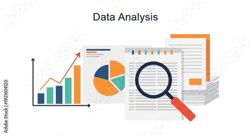 Data analysis with charts and magnifying glass.