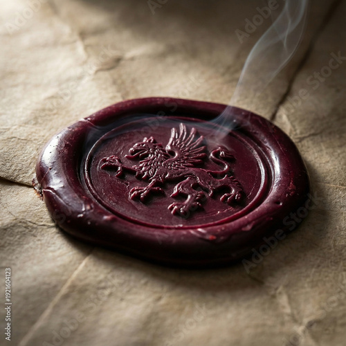 Deep burgundy wax seal on a parchment envelope