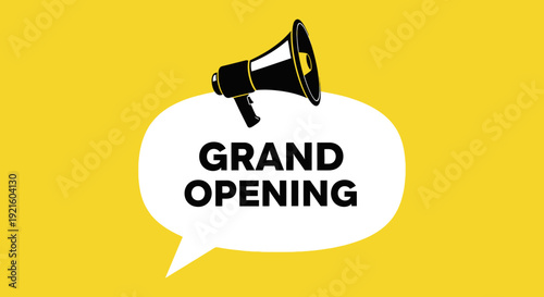 Announcement graphic featuring a megaphone and a grand opening speech bubble on yellow background