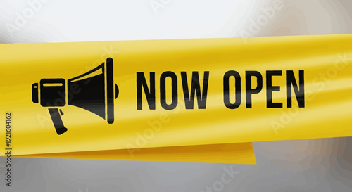 Announcement banner with megaphone and text 'Now Open' on a yellow background for business promotion
