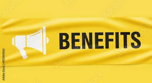 Announcement banner displaying the word 'Benefits' accompanied by a megaphone design on yellow