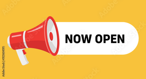 Announcement graphic featuring a megaphone with a 'now open' message on a yellow background