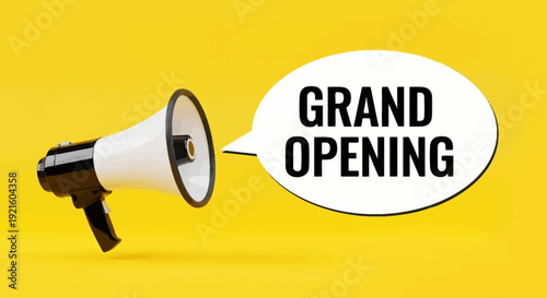 Announcing a grand opening with a megaphone on a vibrant yellow background