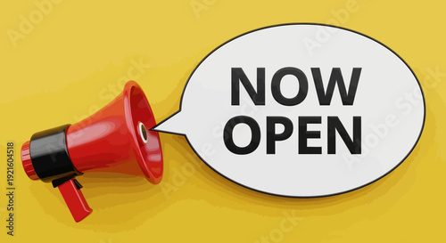 Announcing a New Opening: Red Megaphone Broadcasting 'Now Open' Message on Yellow Backdrop