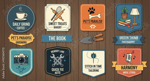 Collection of vintage style badges and labels on wooden background.