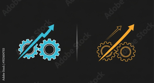 Two sets of gears with upward trending arrows symbolizing growth and progress.