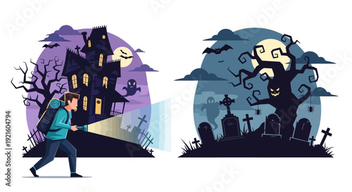 A person with a flashlight exploring a haunted house and a spooky graveyard scene with a gnarled tree and ghosts under a full moon at night.