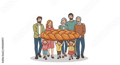 Family Gathering Around Large Loaf Bread.