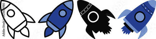 Modern rocket launch icon set in blue flat and line style. Collection includes startup, space shuttle, takeoff and boost symbols ideal for apps, technology and innovation themes.