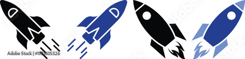 Modern rocket launch icon set in blue flat and line style. Collection includes startup, space shuttle, takeoff and boost symbols ideal for apps, technology and innovation themes.