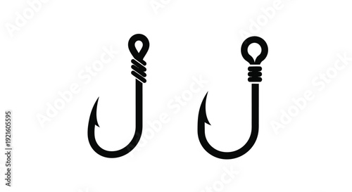 Two fishing hooks depicted in a stark black graphic silhouette